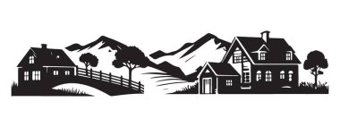 Dağları ve köprüsü olan kırsal kırsal vektör illüstrasyonu