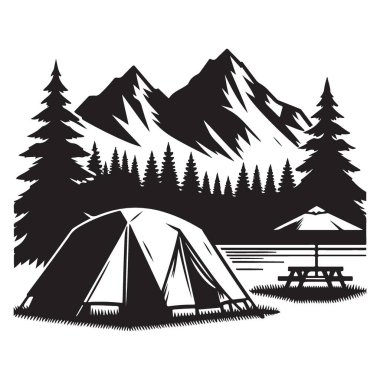Gölün kenarındaki Siluet Kamp Alanı ve Dağ Vektörü Tasarımı