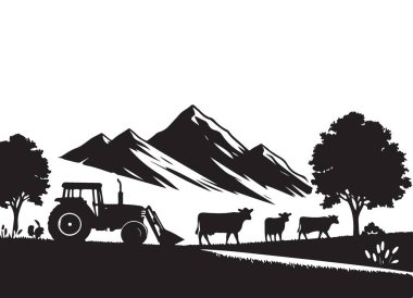 Tarım Traktörü ve İnek Silueti Dağ Manzarası Vektör Tasarımı