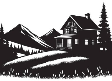 Ormandaki Kulübe Siluet Vektör Dağ Manzarası Çizimi