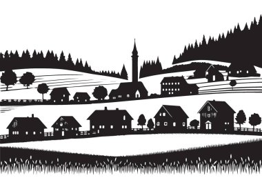 Büyüleyici Köy Siluet Vektör Tasarımı Tepe Kenti Peyzajı