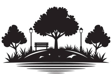 Huzurlu Park Silueti Vektör Resimleri Benç ve Ağaçlarla