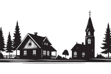 Kilise Evi ve Ağaçlarla Büyüleyici Köy İllüstrasyon Silueti