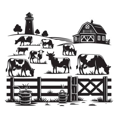 İneklerin ahırı ve deniz feneriyle Idyllic Çiftlik Manzarası Silueti
