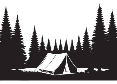 Ormanda kamp çadırı silueti açık hava macera illüstrasyonu