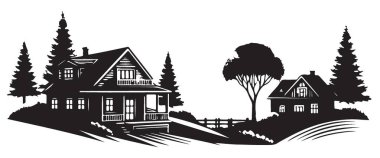 Kırsal evler, silüet çizimler, manzaralı kırsal arazi kaçamağı.