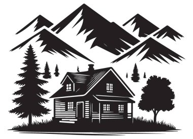 Dağ evi silueti, doğa manzarası çizimi.
