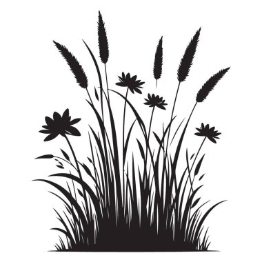 Çiçekli çim silueti illüstrasyon doğa bitki tasarımı