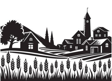 Büyüleyici köy manzara silueti vektör çizimi buğday tarlası ile