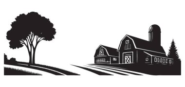 Çiftlik Ahırının Silueti ve Ağaç Vektörü Manzarası Çizimi