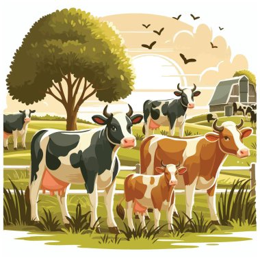 Açık Çayırda otlayan İneklerle Renkli Çiftlik Sahnesi