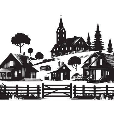 Kırsal Cazibeli Antika Köy Siluet Vektör İllüstrasyonu