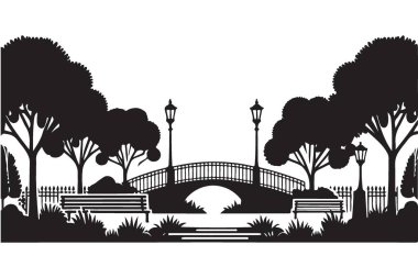 Siluet Park Sahnesi Köprü Bankları ve Sokak Lambaları Vektörü