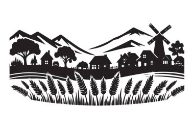 Siyah Siluet Çiftlik Köyü Dağ Manzarası Vektör İllüstrasyonu