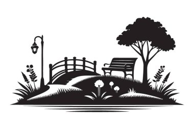 Bench ve Bridge ile Park Sahnesi Silueti Vektör İllüstrasyonu