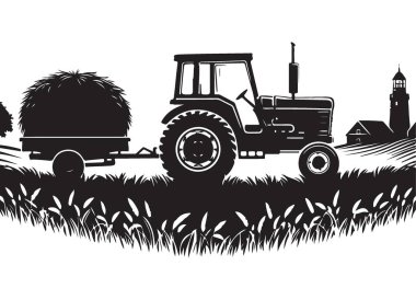 Traktör Silueti Hay Bale Kırsal Sahne Vektörü Grafik Tasarımı