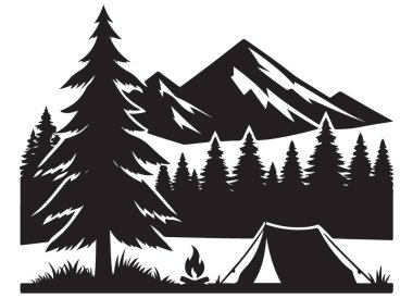 Kamp Macerası Silueti Görünümü Çadır Ormanı ve Dağ Manzarası