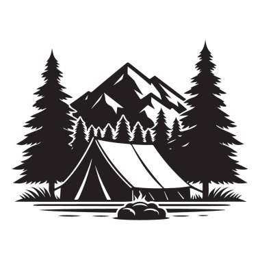Kamp Sahnesi Görüntü Çizimi Silueti Çadır Kamp Ateşi ve Dağ Arkaplanı
