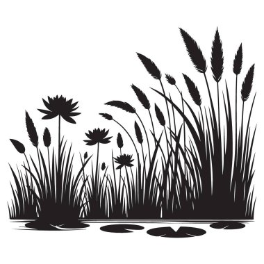 Su bitkileriyle dolu yemyeşil bir gölet Siluet Serene Waterscape Art