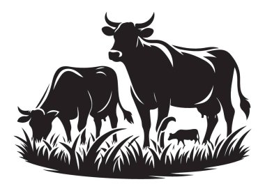 Siyah ve Beyaz İnekler Çimenli Çimen Çayırı Silüeti Resimlerinde Otlanıyor