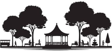 Çardak Ağaçları ve İnsan Vektörü Grafikli Park Sahnesi Silueti