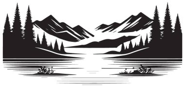 Dağ Gölü Silueti Manzarası Ağaçlar Vektör Sanatı Çizimi