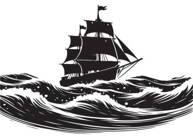 Dalgalı Okyanus Vektörü Resimlerinde Görkemli Yelkenli Gemi Silueti