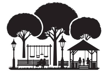 Peaceful Park Sahne Silueti Ağaçlar ve Oyun Bahçesi Vektörü