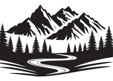 Nehir ve Ağaçlarla Dağ Manzarası Vektör İllüstrasyonu
