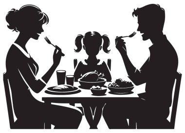 Aile Silueti Vektör İllüstrasyonu Masada Birlikte Yemekler Keyifli