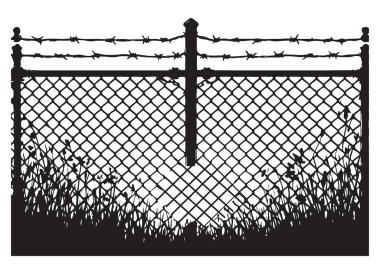 Dikenli teller ve aşırı gelişmiş bitki örtüsüyle tel örgülü siluet.