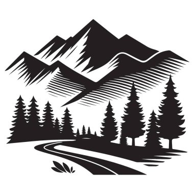 Dönen yolu ve çam ormanı manzaralı görkemli dağ silueti