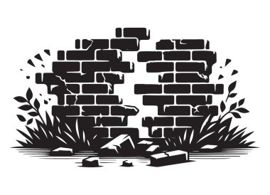 Silüeti kırılmış tuğla duvar vektör çizimi çökme efektiyle