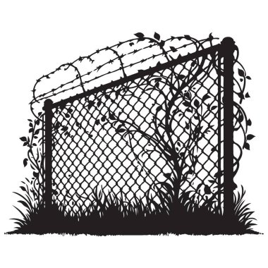 Dikenli tel ve sarmaşıklı siyah vektörlü tel örgüler.