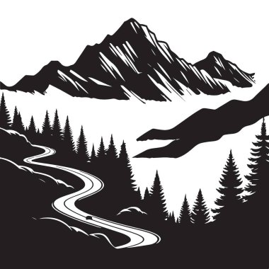 Manzaralı Dağ Manzarası Vektörü Siluet Viraj Yolu Çizimi