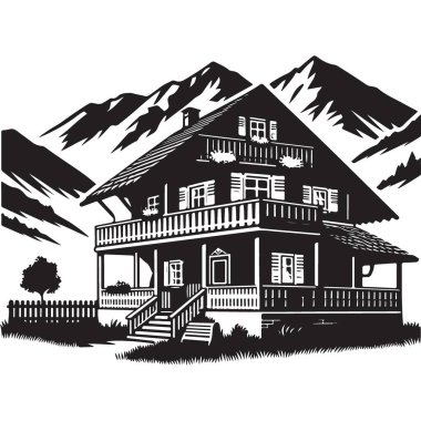 Ayrıntılı dağ evi silueti vektör çizimi barışçıl geri çekilme