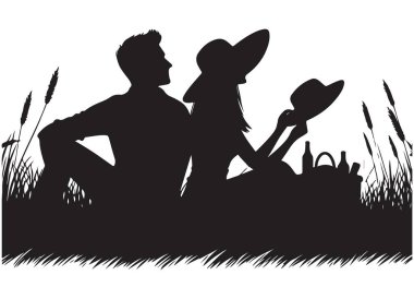 Romantik Piknik Silüeti Rahatlatıcı Bir Çiftin Çizimi