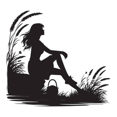 Kadın silueti nehir kenarında kova vektörüyle dinleniyor.