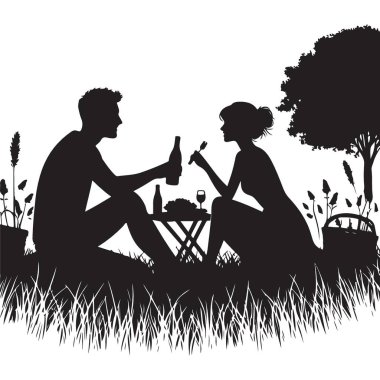 Aşık Çiftin Romantik Piknik Vektörü Silueti