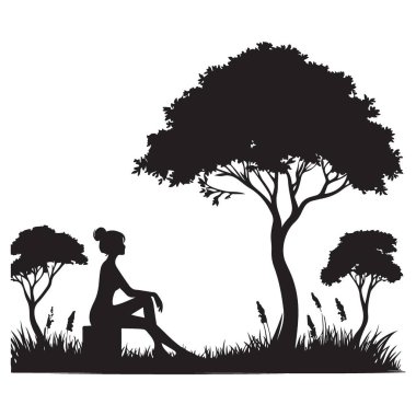 Siluet Kadın Ağaç Altında Oturuyor Vektör Resimleri