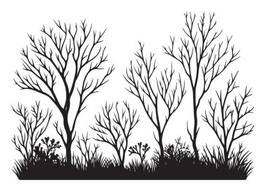 Kış vektörü illüstrasyonunda çıplak ağaçların ve çimenlerin silueti