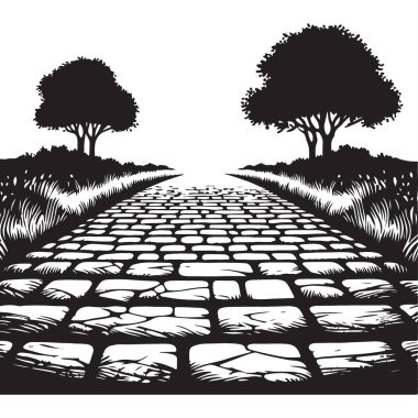 Cobblestone Yolu Siluet Vektör İllüstrasyonu Serene Mesafesine Gidiyor