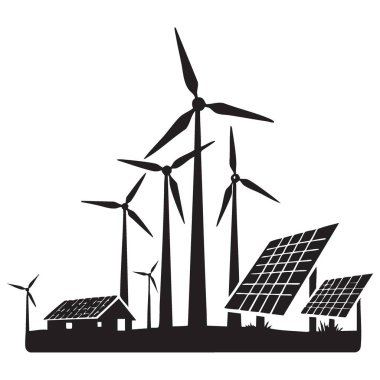 Rüzgar Türbinleri ve Güneş Panelleri ile Yenilenebilir Enerji Kaynakları Silueti