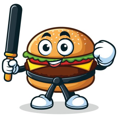 Yarasa yüzlü ve gülümseyen suratlı Burger Beyzbol oyuncusu çizgi filmi