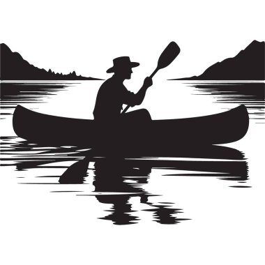 Göl manzaralı manzara sanatı üzerinde kürek çeken Kayakçı 'nın silueti