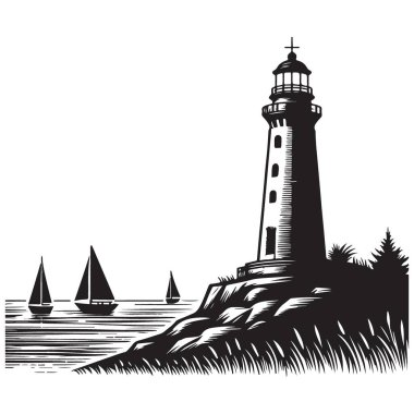 Sahil Feneri Resimleri. Yelkenli Denizcilik Vektör Sanatı.