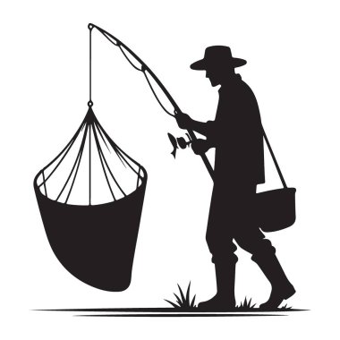 Siluet Balıkçısı İllüstrasyon Ağı Olta Atma Hobisi