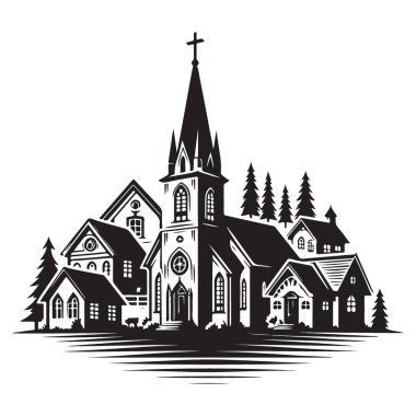 Kırsal Köy Siluet Vektörü Kilise ve Evlerle İllüstrasyon
