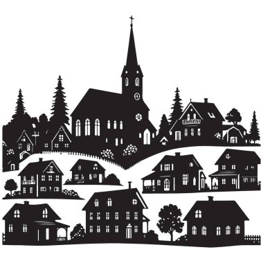 Kilise Evleri Ağaçlar Tepesi 'nden Küçük Kasaba Siluet Vektörü
