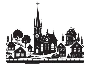 Kilise ve Evlerle İlgili Tuhaf Köy Silueti Resimleri